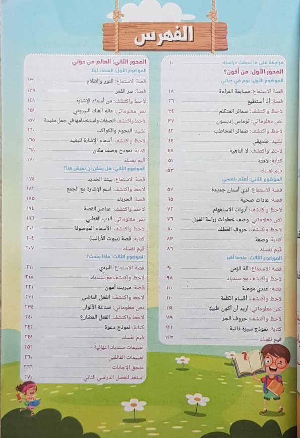 صورة لفهرس كتاب سندباد للصف الثاني الابتدائي لغة عربية للعام 2024-2025 ترم أول