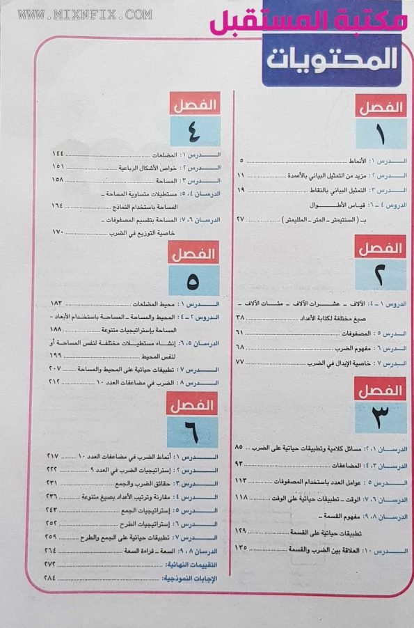 فهرس لكتاب كتاب الأستاذ للصف الثالث الابتدائي رياضيات / حساب للعام 2024-2025 ترم أول